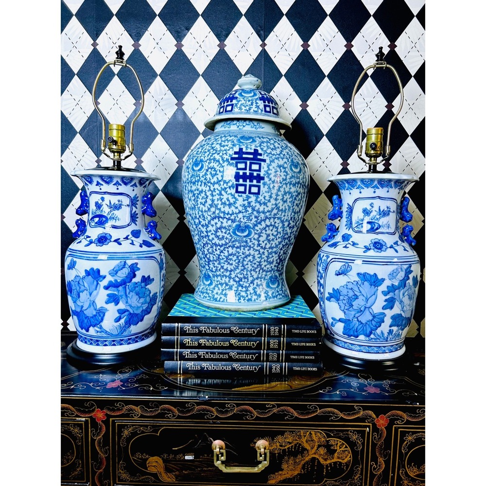 Chinoiserie Blue White Porcelain Lamp Pair Foo Dog Handles 26in - Picture 13 of 17